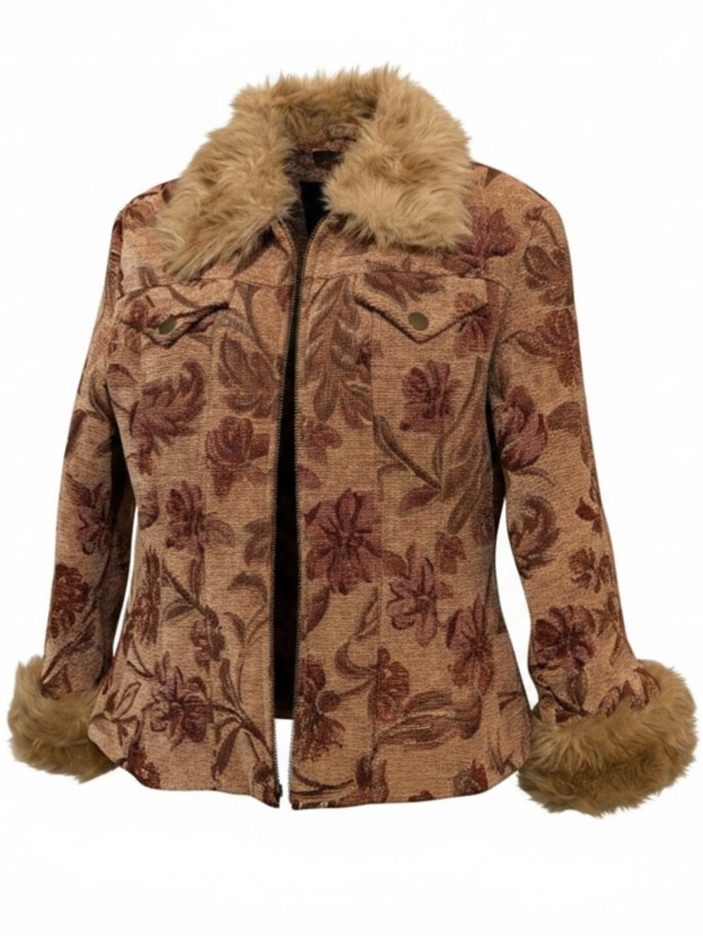 Tapestry Brocade Coat Penny Lane Faux Fur Trim Jacket Y2K Boho Western Festival